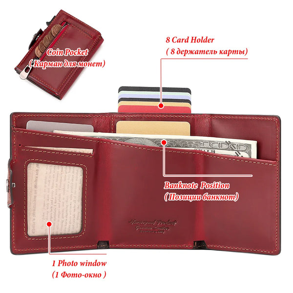 Anti-scan Magnet Credit Card Holder Wallet Genuine Leather Automatic Pop Out Aluminum Smart Wallets Luxury AirTag Purse Set