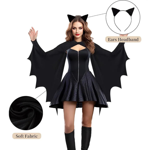 Bat Wing Costume for Women Adult Halloween Black Bat Vampire Devil Ghost Cape with Ear Headband Carnival Party Gothic Dress Up