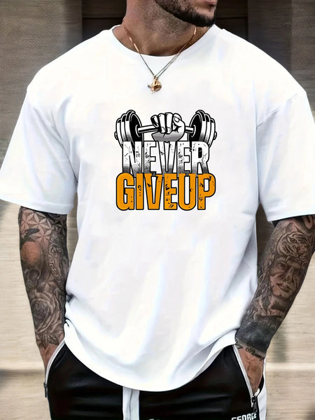 Gym T-shirt 2025 Summer Essential Men's Comfy Everyday Trendy Never Give Up Barbell Print 100% Cotton Short Sleeve Casual Top