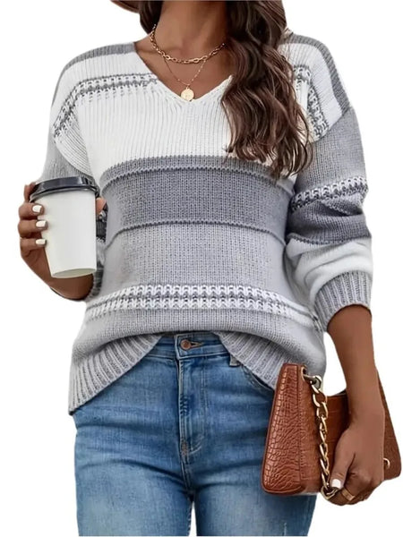 Casual V-neck Tops Color Blocked Sweater Long Sleeve Knitted Sweater Autumn Winter Clothing Commuting Ropa De Mujer Pullover