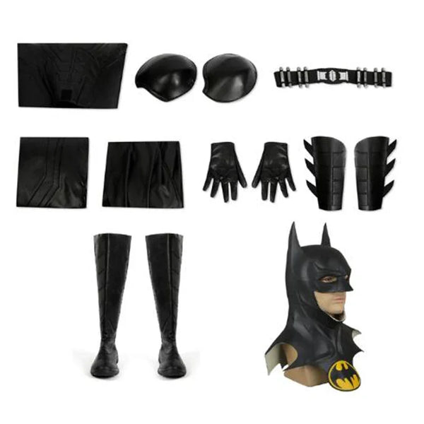 Michael Keaton Superhero Bat Bruce Wayne Cosplay Costume Hero Armor Outfit With Cowl Black Leather Jumpsuit Boots Halloween Suit