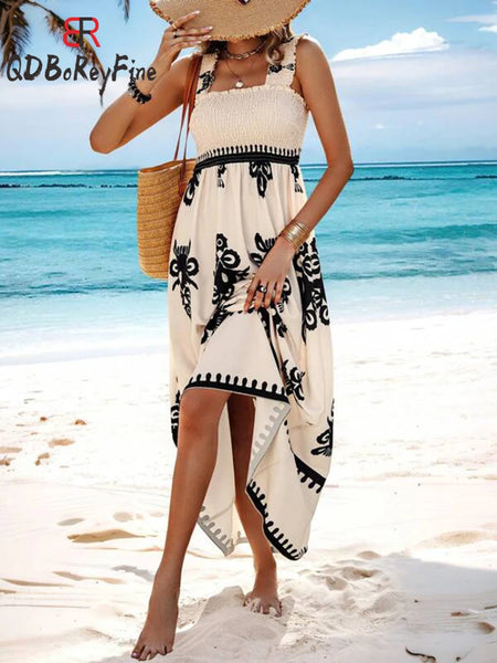 Women Summer Dress Straps Printed High Waist Sexy Backless Beach Dress Holiday New Robes A-Line Maxi Dresses for Women 2024