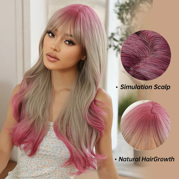 Ash Blonde Ombre Pink Long Wavy Wig Synthetic Natural Wave Wigs with Bangs Halloween Cosplay Party Wig for Women Heat Resistant