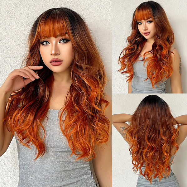 Ash Blonde Ombre Pink Long Wavy Wig Synthetic Natural Wave Wigs with Bangs Halloween Cosplay Party Wig for Women Heat Resistant