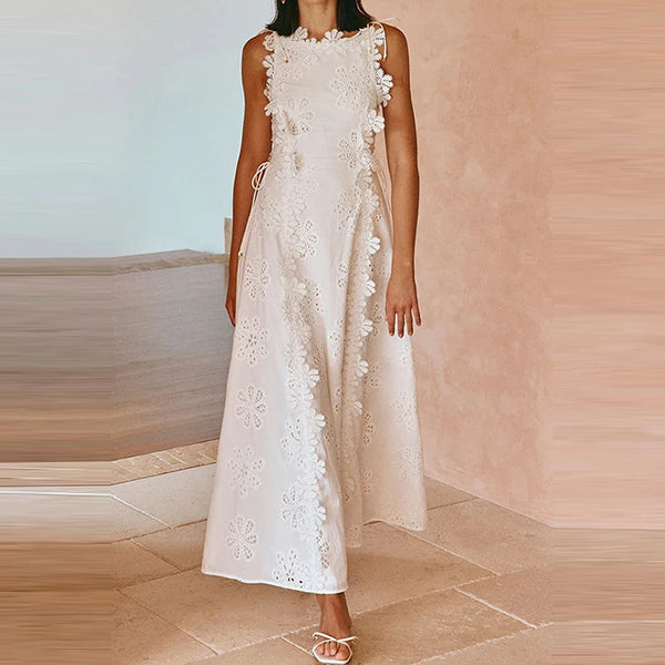 Women Sexy Lace Jacquard Slim Fit Party Dress Fashion Lace Up Solid Long Dresses Elegant O Neck Sleeveless Hollow Banquet Dress