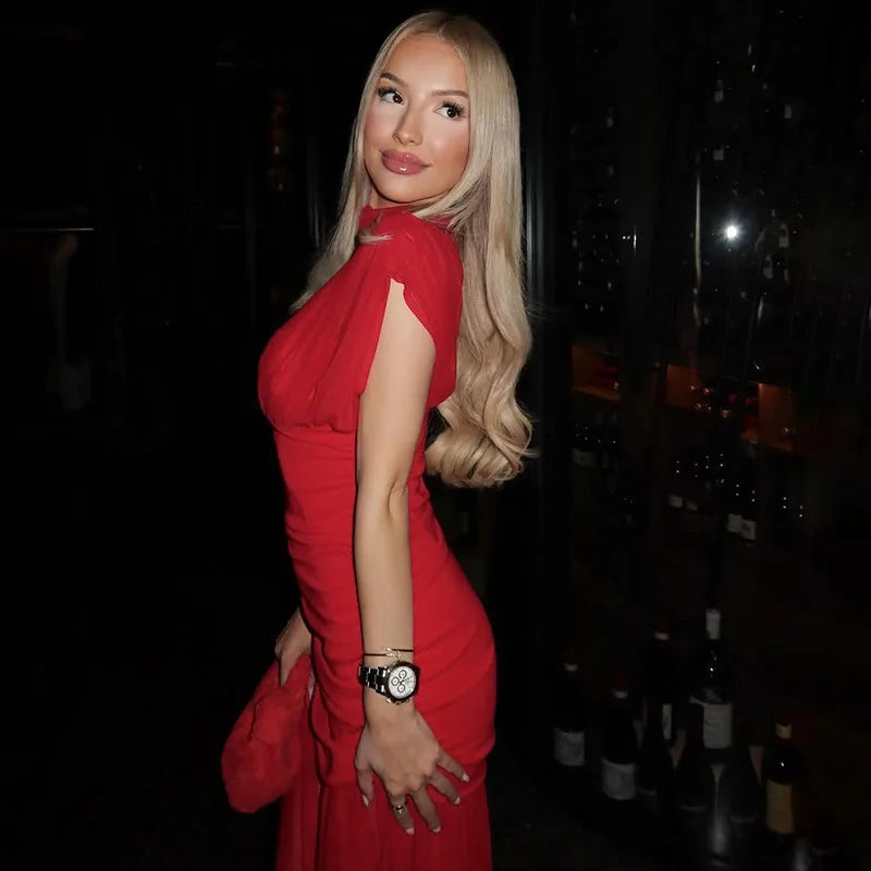 Chic Red Pleated Evening Party Long Dresses Slim Sleeveless Pleat Patchwork A-line Maxi Party Dresses 2025 Summer Lady Robes