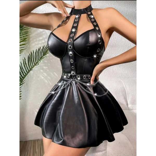 Womens Punk PU Leather Dress with T-Back Briefs Halter Eyelet Straps Chain A-Line Cocktails Mini Dress Jazz Performance Costume