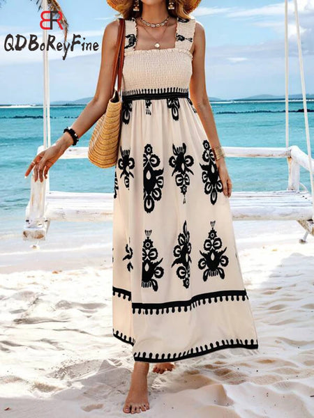 Women Summer Dress Straps Printed High Waist Sexy Backless Beach Dress Holiday New Robes A-Line Maxi Dresses for Women 2024