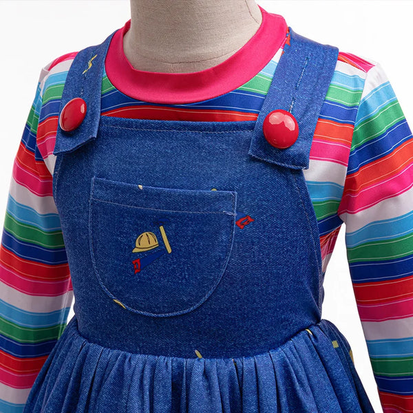 Creepy Chucky Costume Set For Kids Girls Killer Doll Outfit Striped Tops With Dress For Halloween Birthday Party Carnival Outfit
