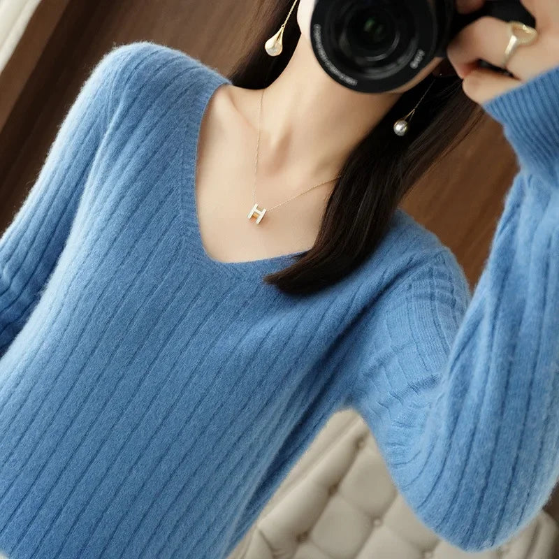 Women Sweater 2024 Autumn Winter Warm Basic Tops Casual V--neck Spring Bottoming Shirts Long Sleeve Fashion Korean Knit Pullover