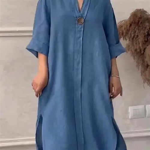 Women's Casual Button-Up Linen irt Long Ne round Color Blo  Pet Clothing Accories
