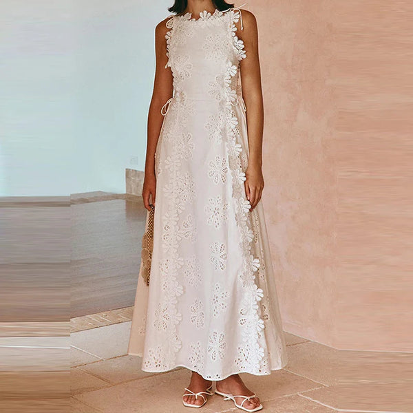 Women Sexy Lace Jacquard Slim Fit Party Dress Fashion Lace Up Solid Long Dresses Elegant O Neck Sleeveless Hollow Banquet Dress