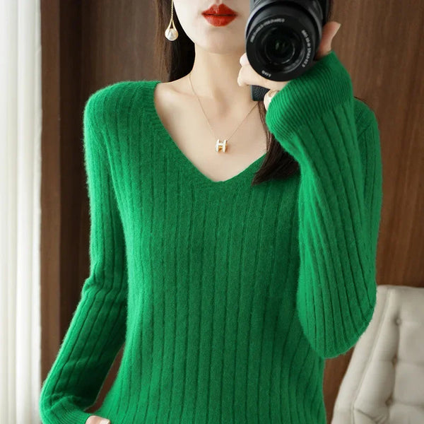 Women Sweater 2024 Autumn Winter Warm Basic Tops Casual V--neck Spring Bottoming Shirts Long Sleeve Fashion Korean Knit Pullover