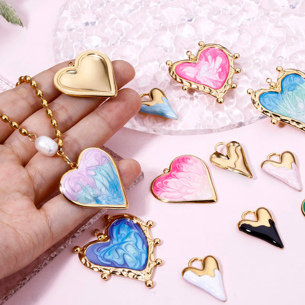 DoreenBeads 304 Stainless Steel Valentine's Day Pendants Gold Color Heart Enamel Charms For DIY Necklace Jewelry Making, 1 Piece