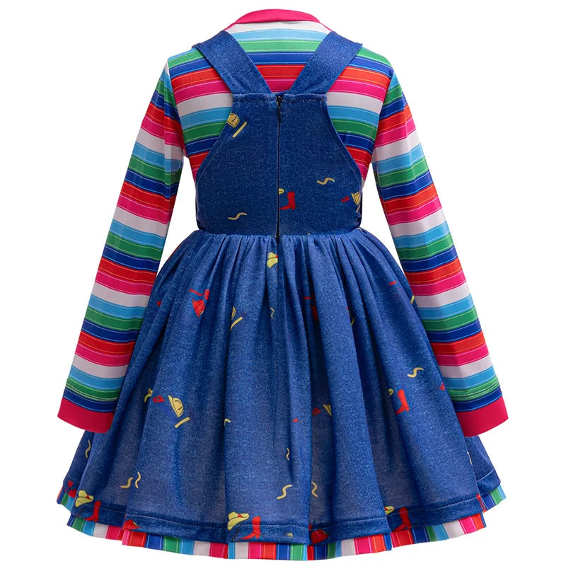 Creepy Chucky Costume Set For Kids Girls Killer Doll Outfit Striped Tops With Dress For Halloween Birthday Party Carnival Outfit