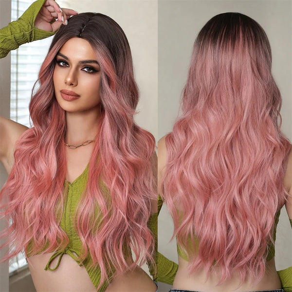 Ash Blonde Ombre Pink Long Wavy Wig Synthetic Natural Wave Wigs with Bangs Halloween Cosplay Party Wig for Women Heat Resistant