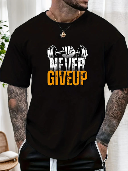 Gym T-shirt 2025 Summer Essential Men's Comfy Everyday Trendy Never Give Up Barbell Print 100% Cotton Short Sleeve Casual Top