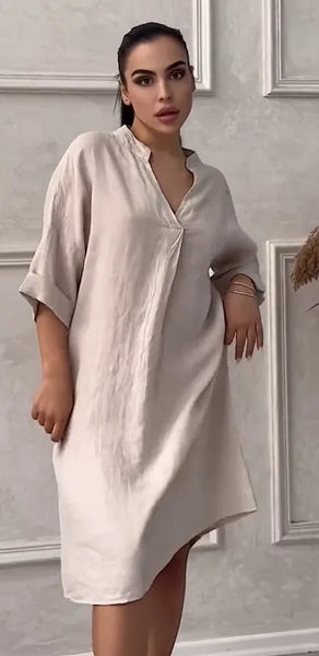 Fashion Cotton And Linen Women's V-neck Loose Dress 2025 Spring And Summer Solid Color Casual Short Sleeved Pocket Midi Dresses