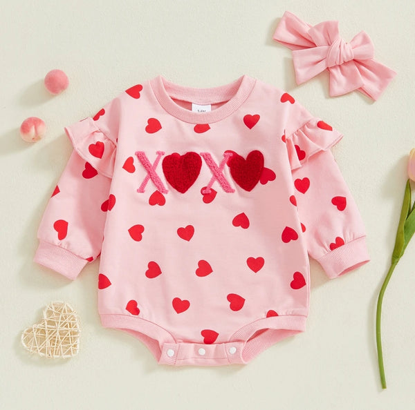 Baby Girl Valentine's Day Outfits Ruffle Bubble Long Sleeve Heart Print Sweatshirt Romper with Headband Set Baby Bodysuits