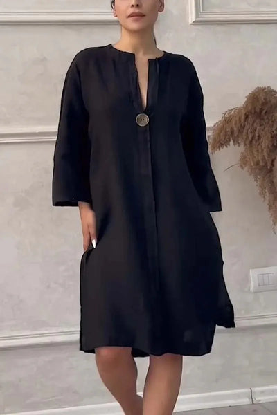 Loose V-neck Two Side Slit Pullover Dress 2024 Women's New Cotton And Linen Solid Color Casual Long-Sleeved Button Maxi Dress