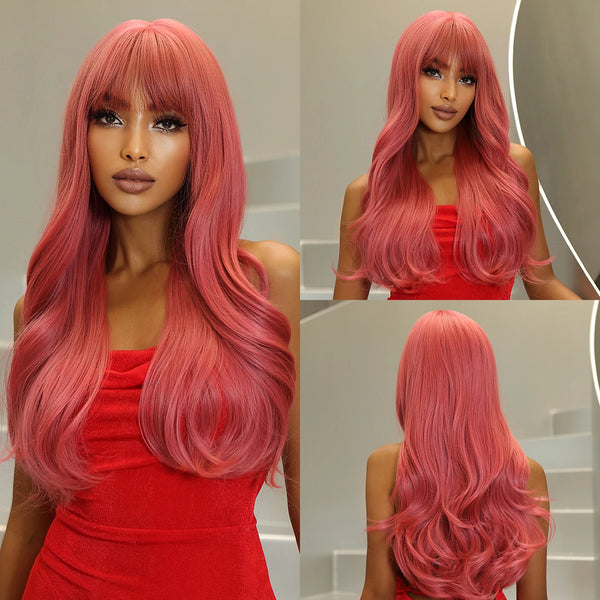 Ash Blonde Ombre Pink Long Wavy Wig Synthetic Natural Wave Wigs with Bangs Halloween Cosplay Party Wig for Women Heat Resistant