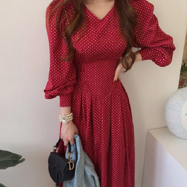 South korea Chic Retro Elegant Slimming V-neck Slim fit High Waist Lace-up Pleat Lantern Sleeve Small Polka Dot Dress Women