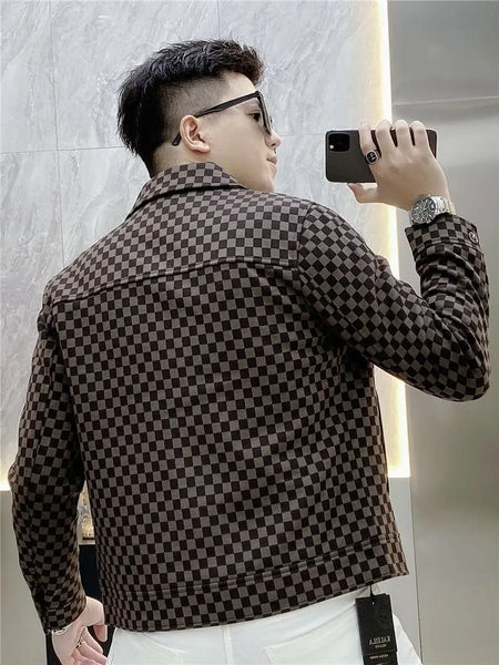 New Checkered Jacket Men's Trendy Brand Flip Collar High End Fashion Printed Casual Slimming Coat for Men