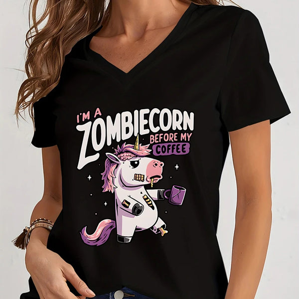 Funny Shirt Print I'm Zombiecorn Before My Coffee Women Short Sleeves V-neck Cute Unicorn High Street Girl Fashion Trend Shirts