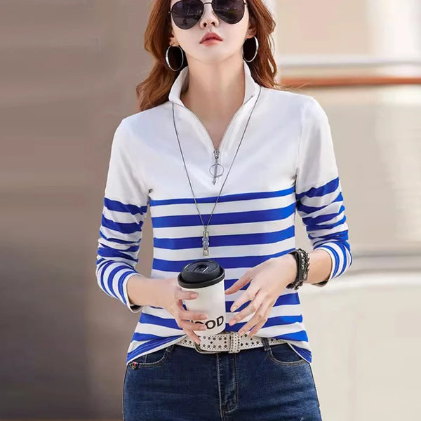 2024Women's Shirt Fashion Top LongSleeve T-shirt Spring and Autumn New Style High end Fashion Polo Collar Stripe Slimming Casual