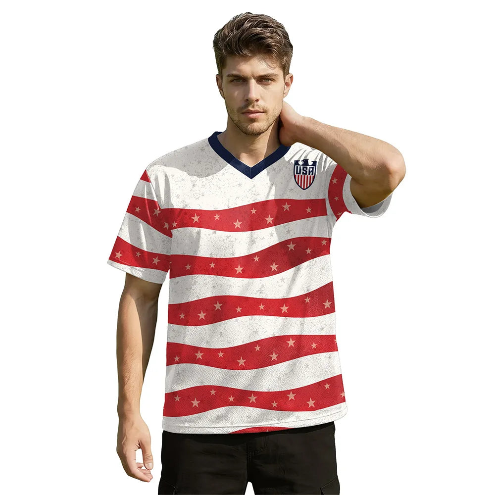 USA Red White Wavy Stripe Print 2026 Home Fan Edition Soccer Jersey Breathable Quick Dry Soccer Shirts