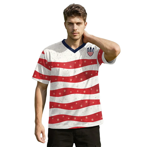 USA Red White Wavy Stripe Print 2026 Home Fan Edition Soccer Jersey Breathable Quick Dry Soccer Shirts