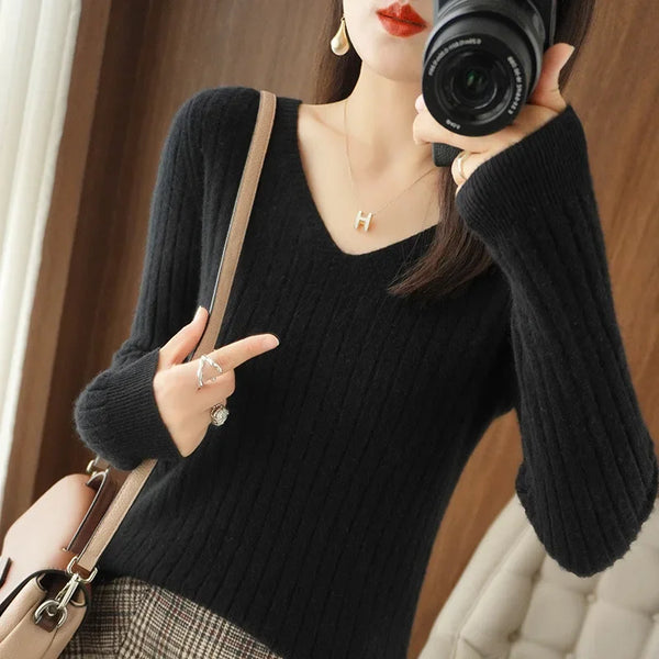 Women Sweater 2024 Autumn Winter Warm Basic Tops Casual V--neck Spring Bottoming Shirts Long Sleeve Fashion Korean Knit Pullover