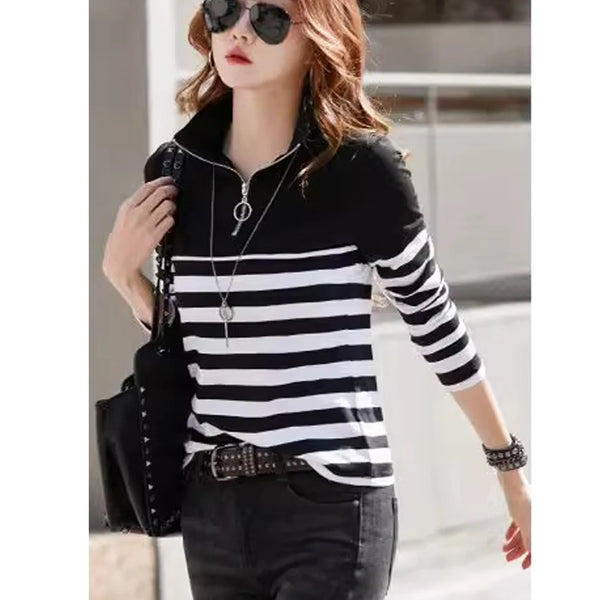 2024Women's Shirt Fashion Top LongSleeve T-shirt Spring and Autumn New Style High end Fashion Polo Collar Stripe Slimming Casual