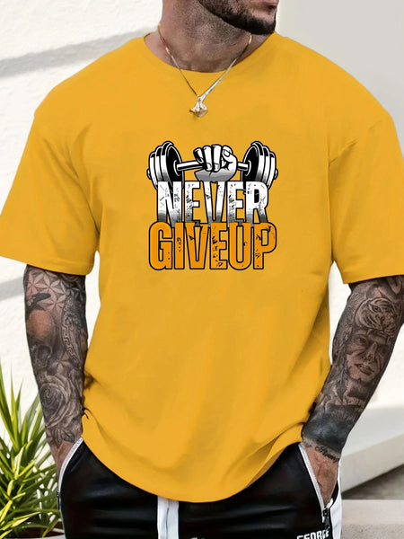 Gym T-shirt 2025 Summer Essential Men's Comfy Everyday Trendy Never Give Up Barbell Print 100% Cotton Short Sleeve Casual Top