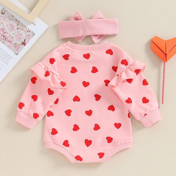 Baby Girl Valentine's Day Outfits Ruffle Bubble Long Sleeve Heart Print Sweatshirt Romper with Headband Set Baby Bodysuits
